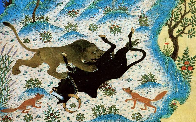 Неизвестный автор. Лев, напавший на буйвола (фрагмент) — иллюстрация к книге «Калила и Димна». 1429