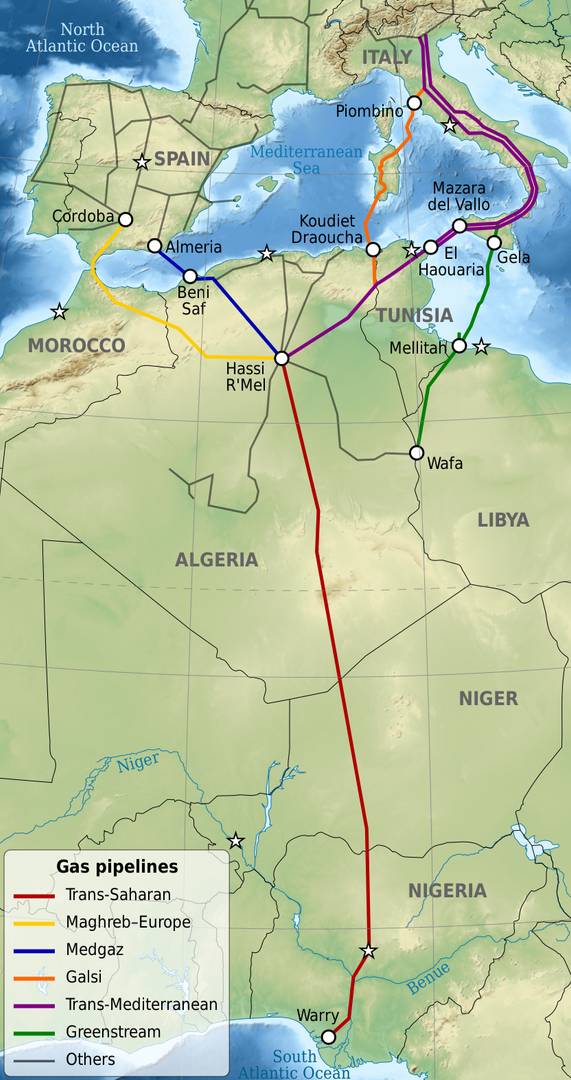Проект транссахарского газопровода (красный цвет)