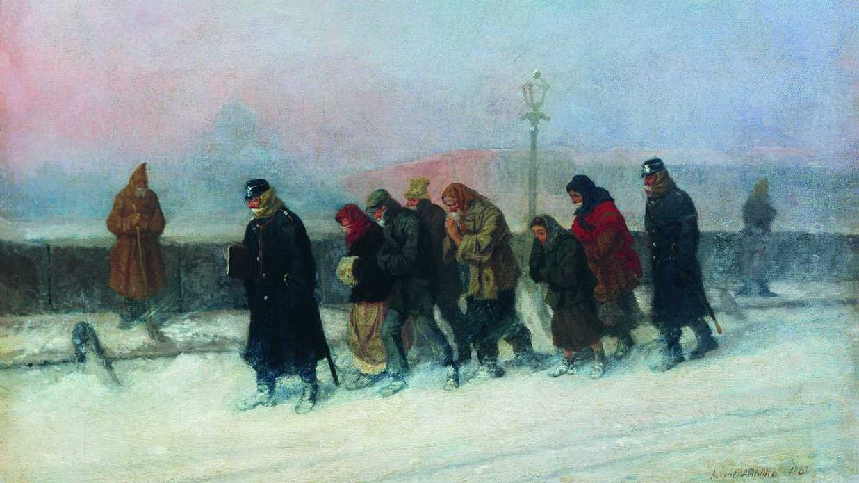 Леонид Соломаткин. Препровождение арестованных (фрагмент). 1881