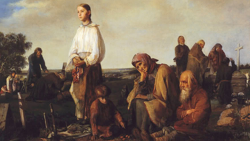 Алексей Корзухин. Поминки на деревенском кладбище (фрагмент). 1865