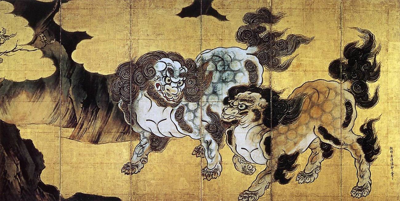 Кано Эйтоку. Китайские львы. XV век