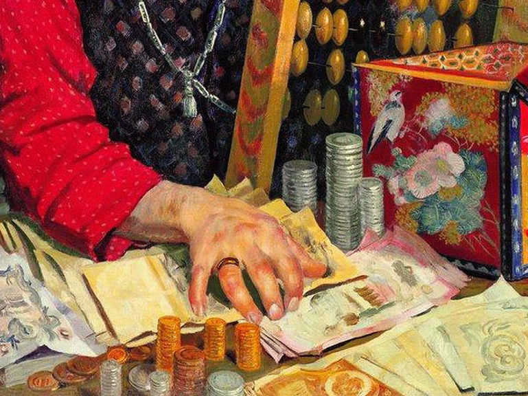 Борис Кустодиев. Купец, считающий деньги (фрагмент). 1918