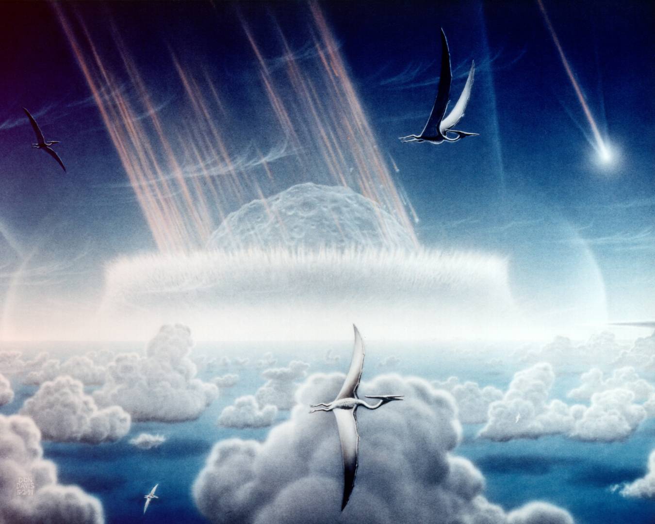 Впечатление художника об астероиде, врезающемся в мелководные моря полуострова Юкатан