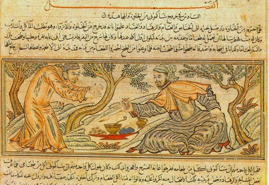 Будда Шакьямуни предлагает фрукт дьяволу. «Джами ат-Таварих» Рашид ад-Дина. 1314 г.