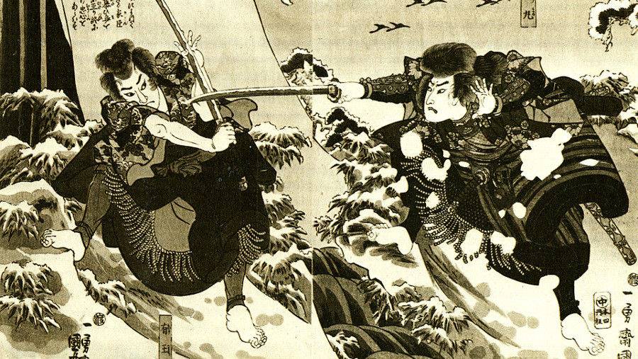 Артисты кабуки изображают бой самураев (фрагмент). XIX век