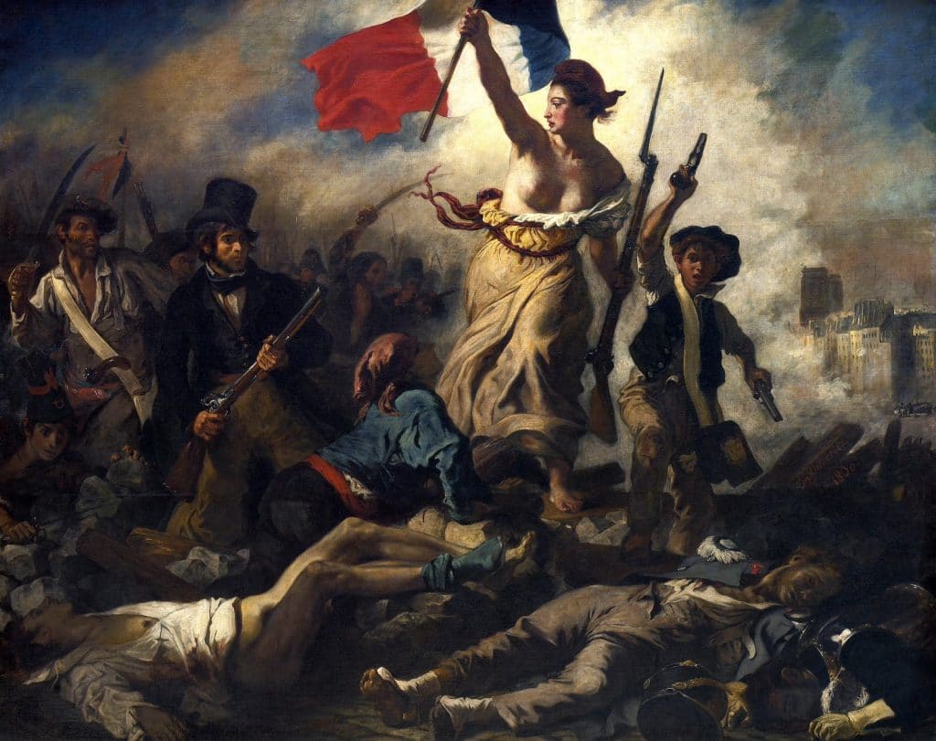 Картина, посвящённая революции, лозунгом которой были слова «Совобода. Равенство. Братство» «Свобода ведущая народ» Делакруа 1830
