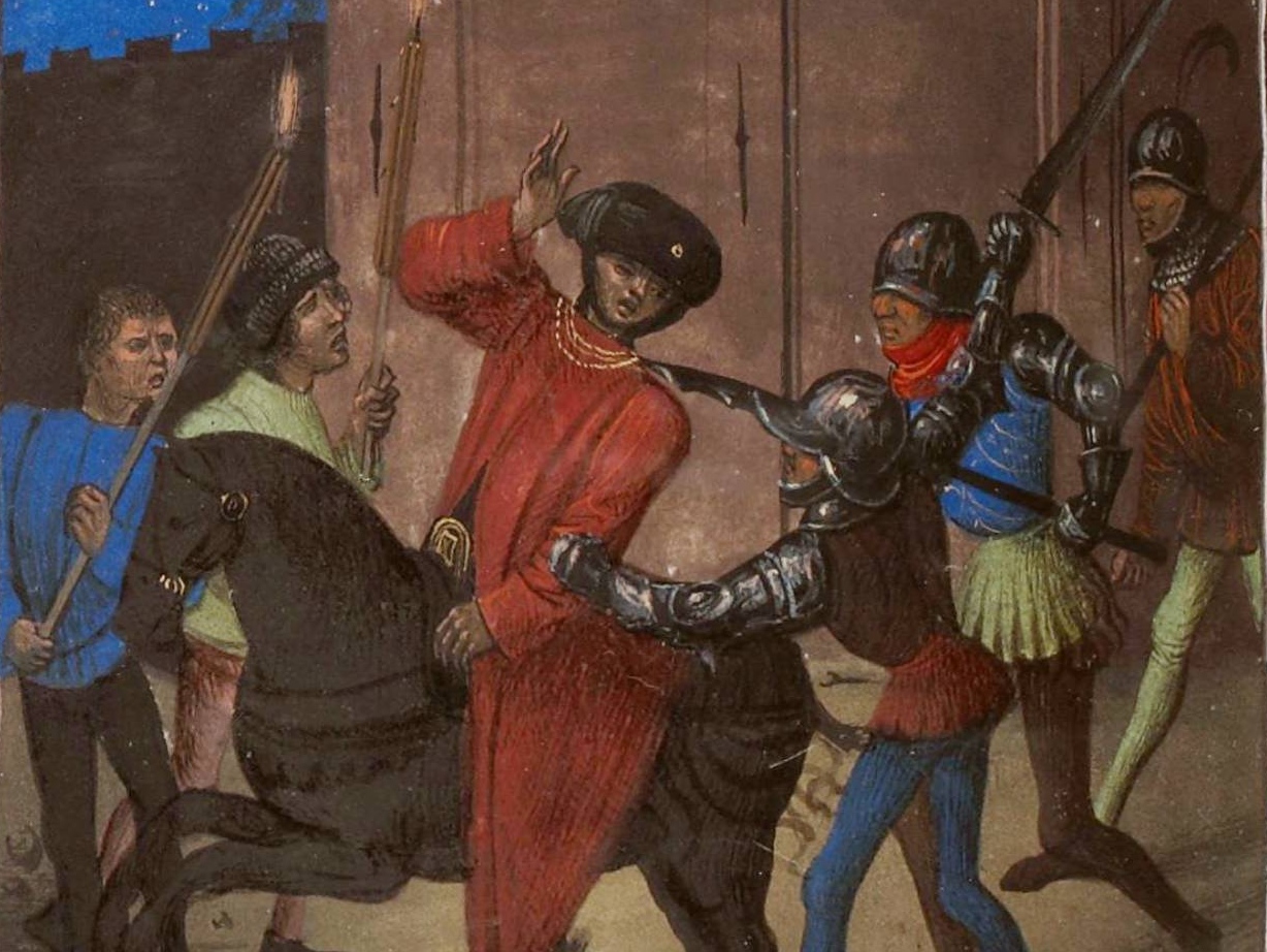 Неизвестный автор. Покушение на Оливье де Клиссона Пьером де Краоном в 1392 году (фрагмент). XIV в.