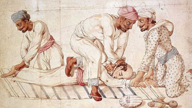 Туги, убивающие путешественника на проезжей дороге в Индии в начале XIX века. Неизвестный индийский художник. 1829–1840