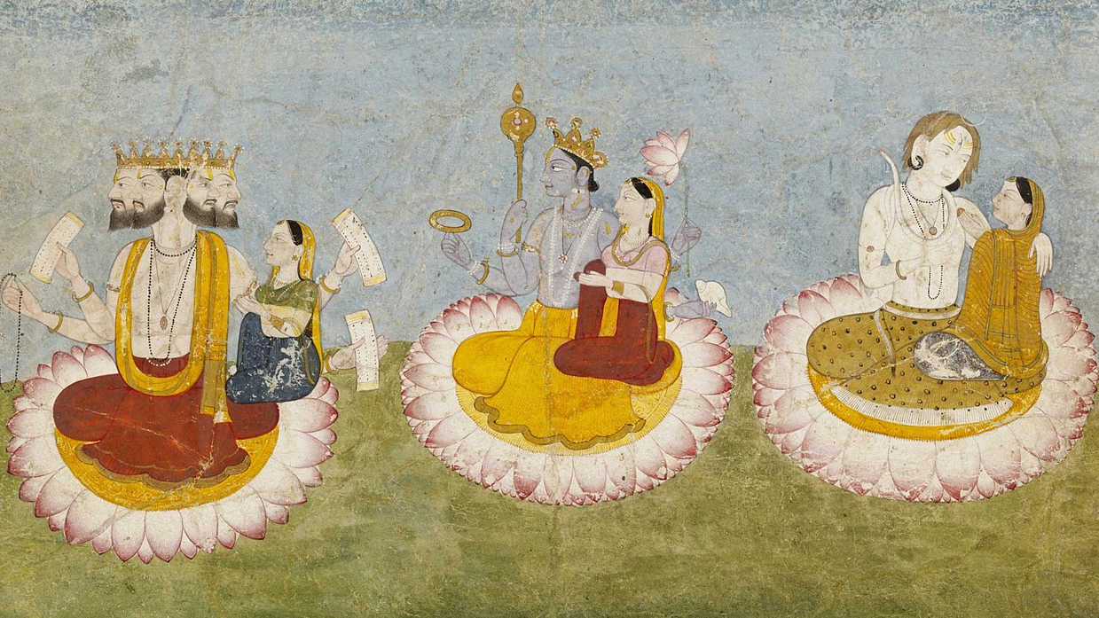 Брахма, Вишну и Шива сидят на лотосах с супругами-наследниками. Индийская миниатюра, 1770