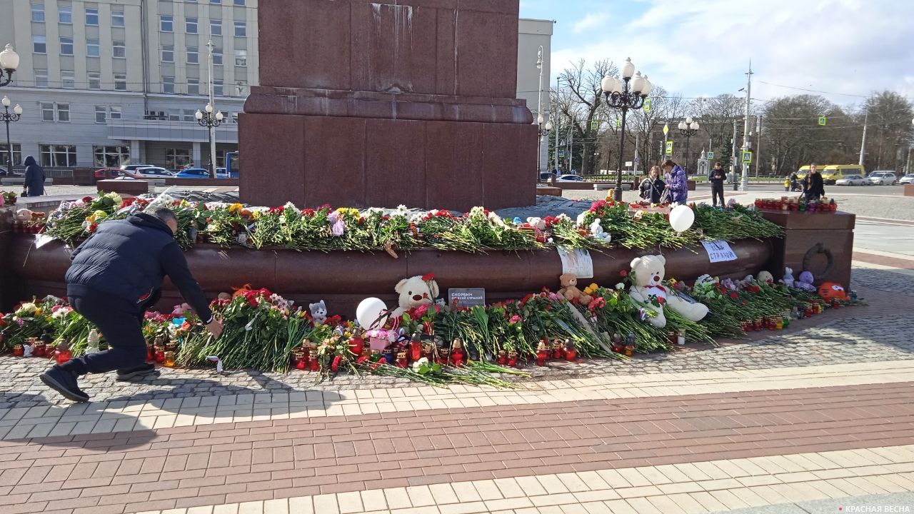 Местные жители приносят цветы и свечи к стихийному мемориалу на площади Победы в Калининграде в память жертв теракта, произошедшего в подмосковном центре «Крокус Сити Холл»