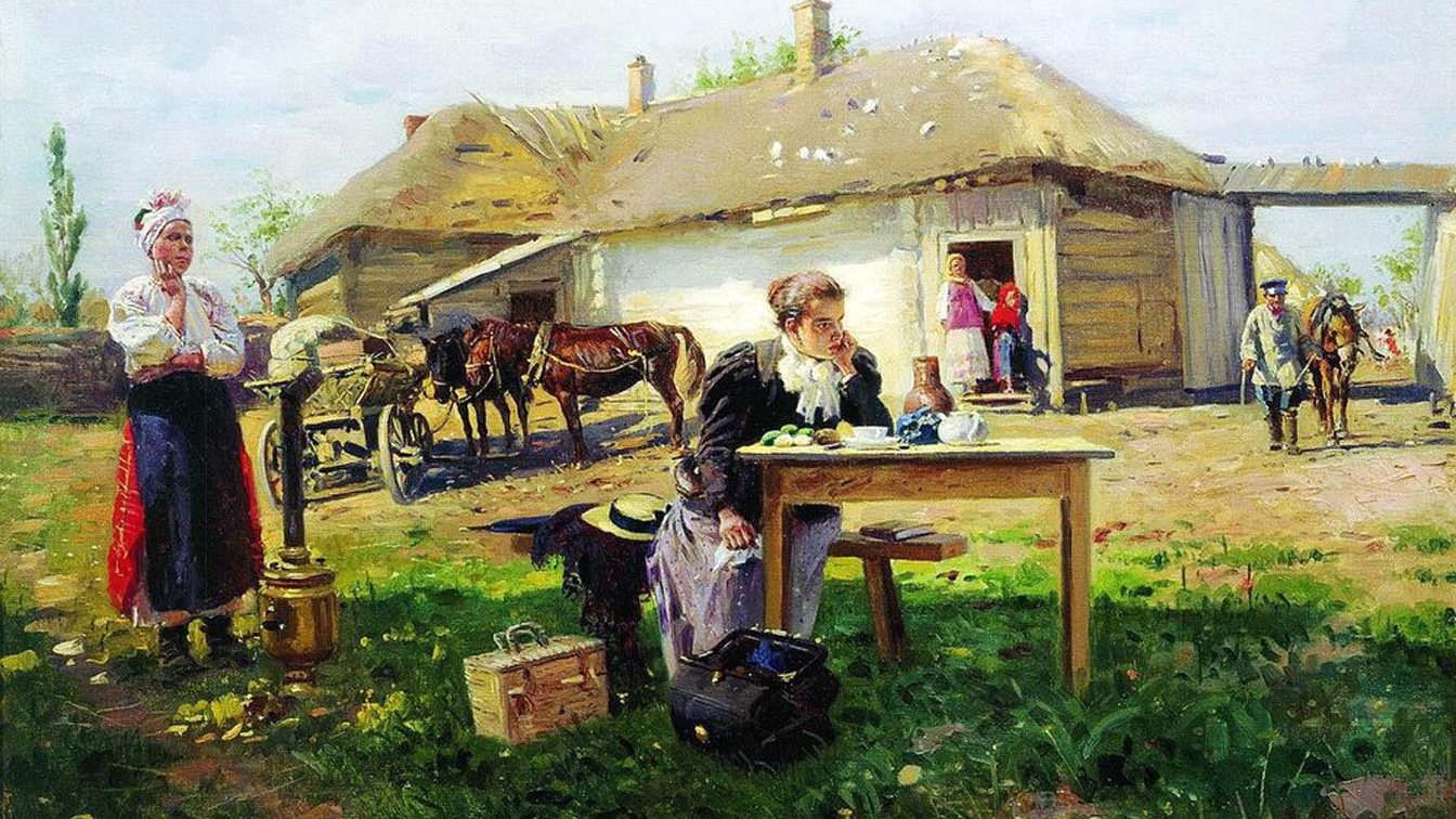 Владимир Маковский. Приезд учительницы в деревню. 1897