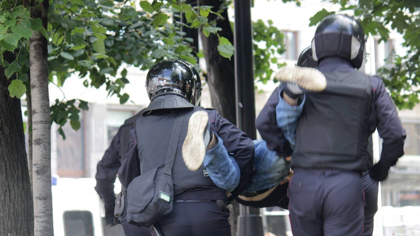 Полиция уносит демонстранта-нарушителя