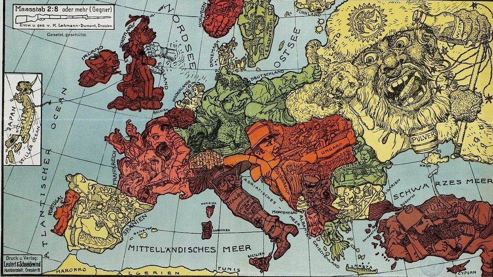 Немецкая сатирическая карта Европы времен Первой Мировой войны. 1914