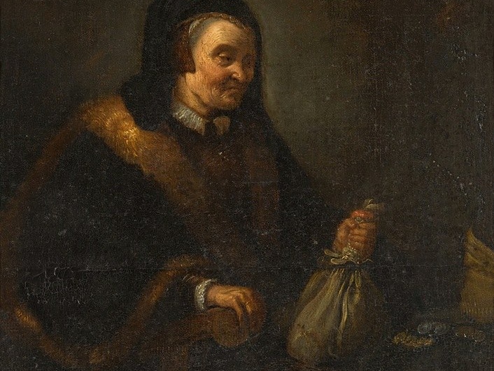 Последователь Рембрандта. Аллегория алчности. Старуха с кошельком и монетами на столе (фрагмент)