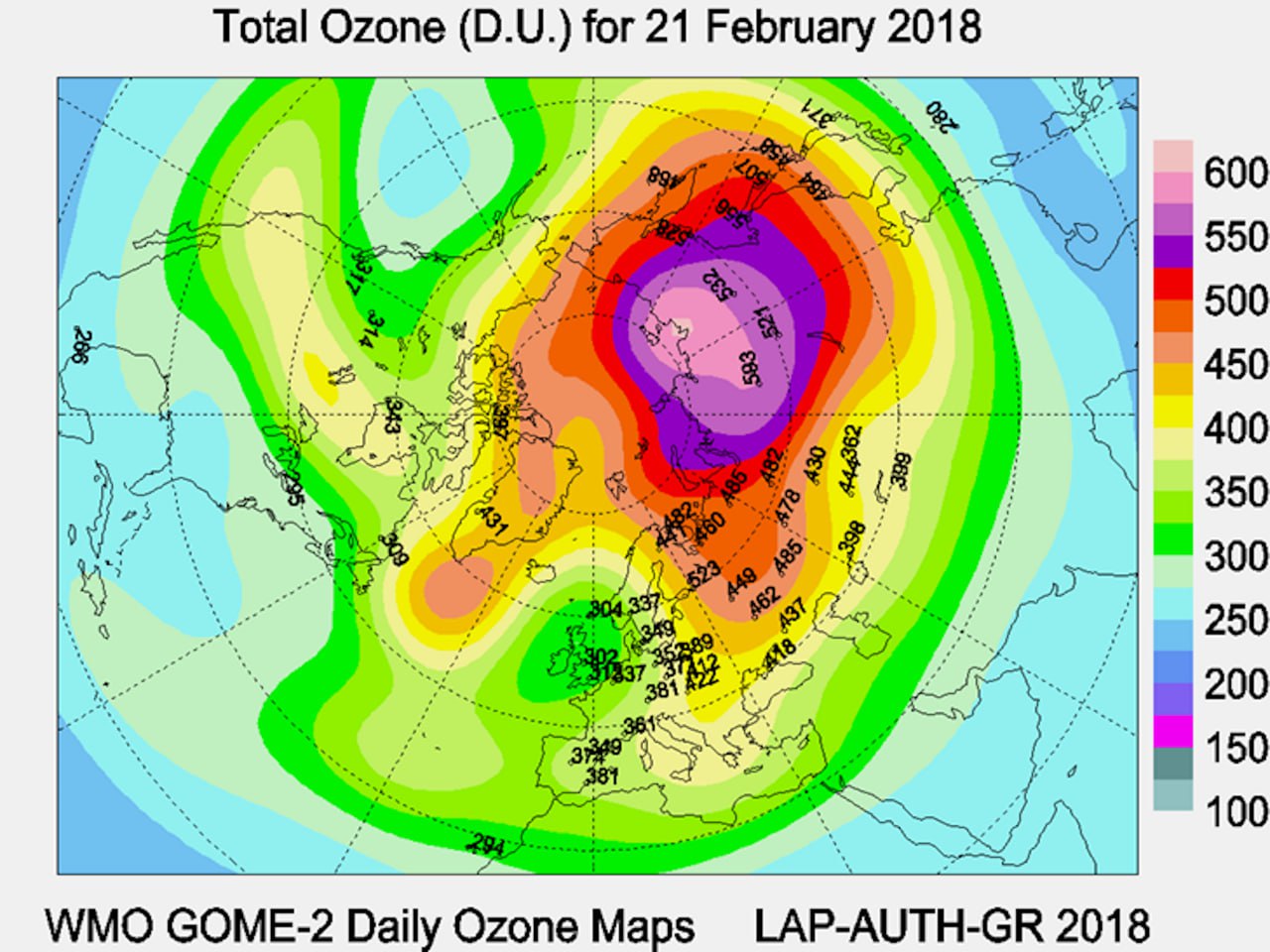 Рис.•5. Карта ОСО в Северном полушарии 21•февраля 2018 года