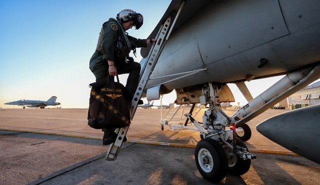 Пилот Корпуса морской пехоты США поднимается в кабину F/A-18C Hornet на авиабазе Мирамар, Калифорния
