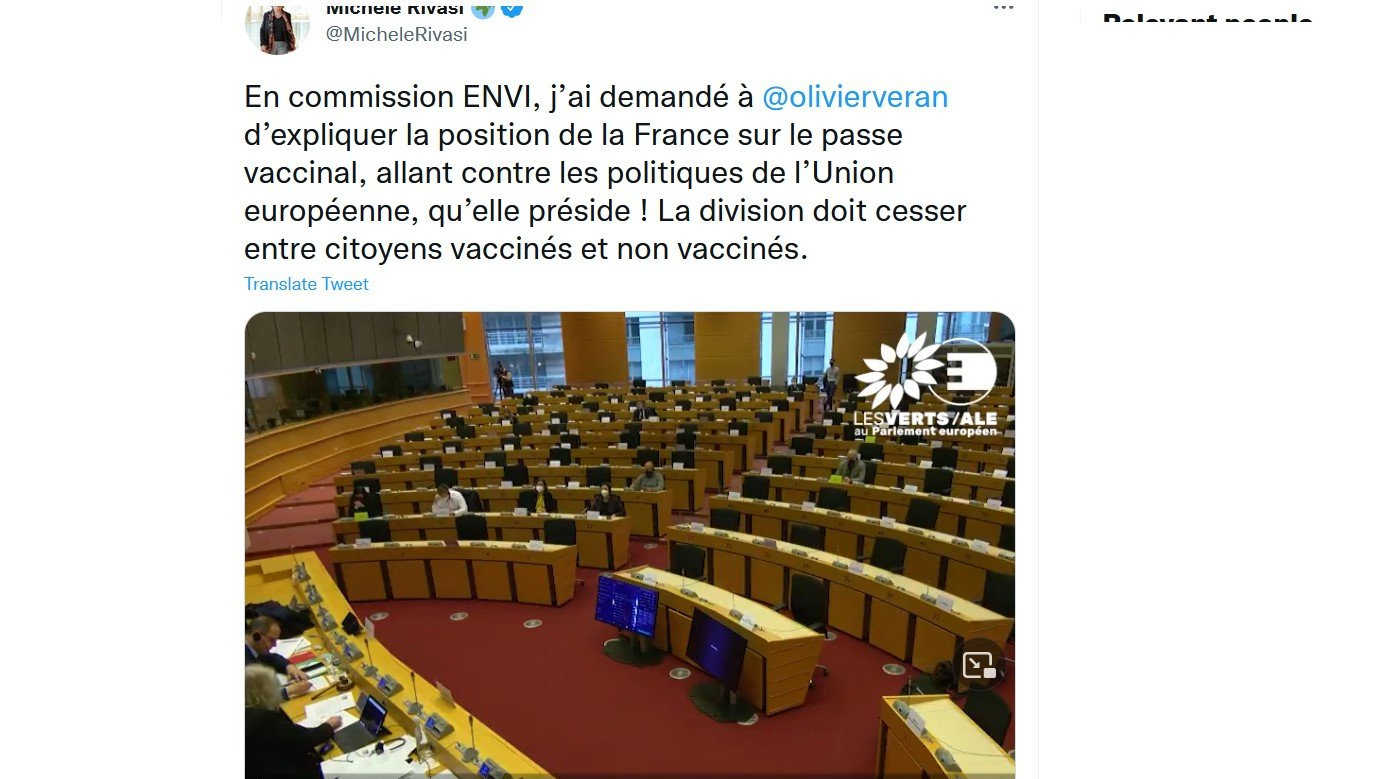 Скриншот страницы Twitter евродепутата Мишель Риваси с выложенным видеовыступлением в комитете по окружающей среде, общественному здравоохранению и безопасности пищевых продуктов Европарламента.