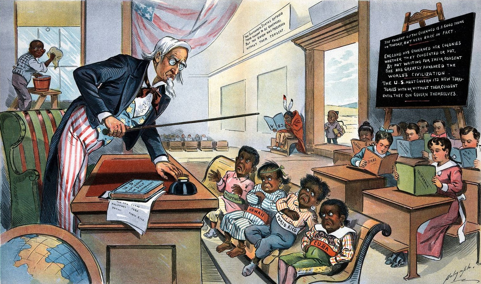 Луис Далримпл. Дядя Сэм читает лекцию четырем цветным детям. 1899