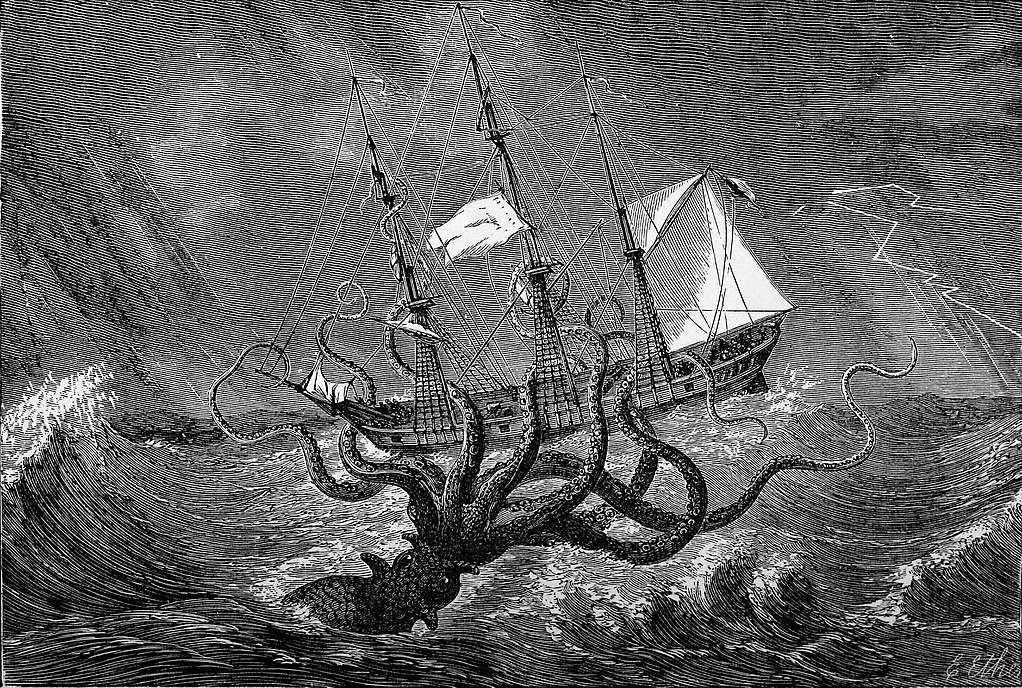 Гигантский кальмар (кракен) атакует корабль. Гравюра из книги Эдгара Этерингтона «Морские чудовища: Легенды и факты». 1887