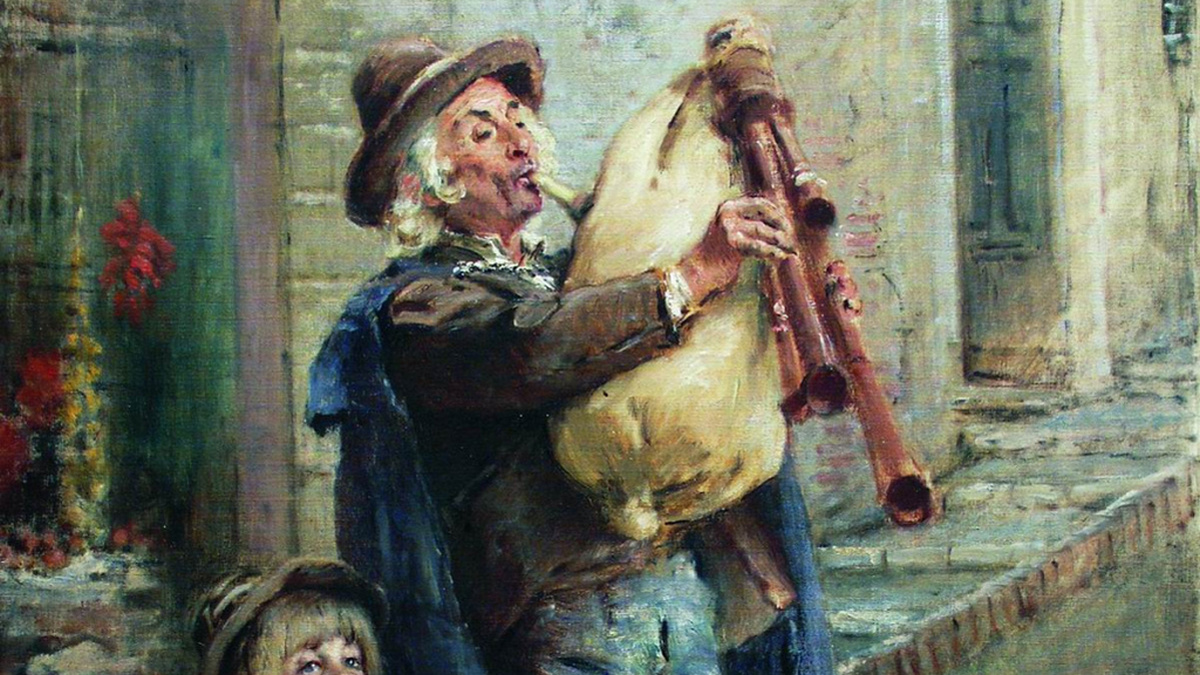 Константин Маковский. Бродячие музыканты (фрагмент). 1910-е