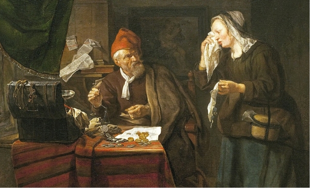 Габриель Метсю. Ростовщик и плачущая женщина (фрагмент). 1654
