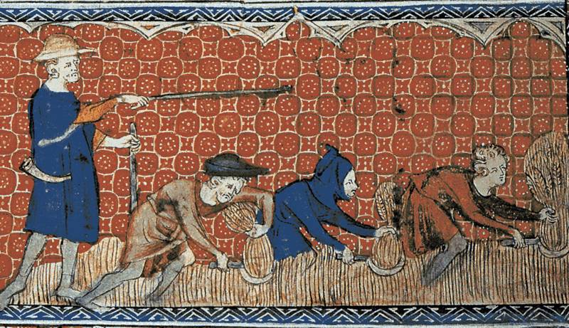 Феодал даёт указания крестьянам. Средневековая миниатюра. Около 1310
