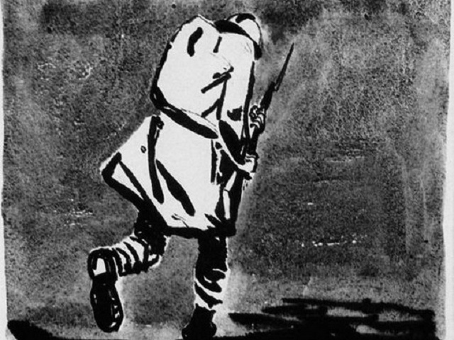 Александр Дейнека. Фигура солдата с винтовкой в руках уходящего вдаль с поникшей головой. Иллюстрация к книге Анри Барбюса «В огне» (фрагмент). 1934