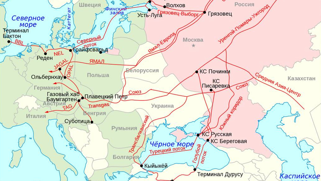 Карта газопроводов из России в Европу по состоянию на июнь 2021 года