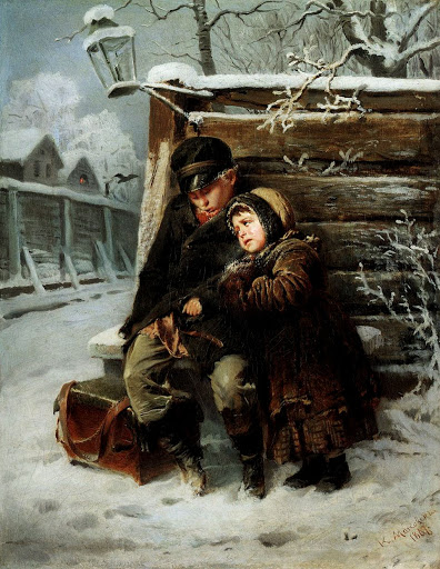 К. Макорвский. Маленькие шарманщики у забора зимой. 1868