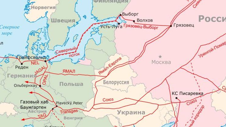 Основные газопроводы Восточной Европы и их соединение с Северными Потоками