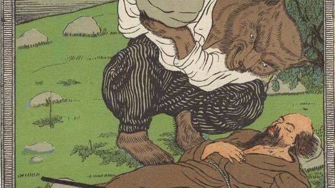 В.П. Тиморев. Иллюстрации к басням И.А. Крылова «Пустынник и медведь» (фрагмент).1913
