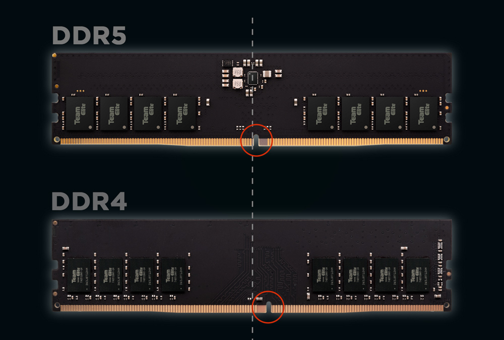 Разница между DDR5 и DDR4 (встроенная микросхема управления питание по центру сверху)