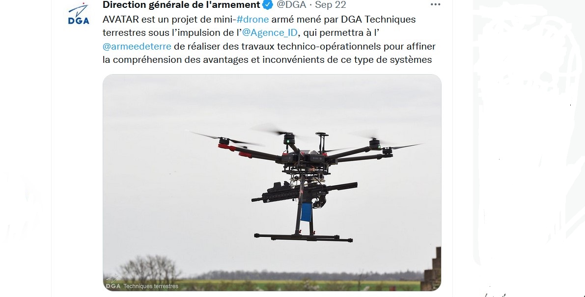 Скриншот страницы Twitter Генеральной дирекции по вооружению (Direction générale de l’armement) Франции с фотографией дрона проекта AVATAR