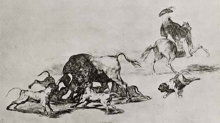 Франсиско де Гойя. Травля быка собаками (фрагмент). 1816