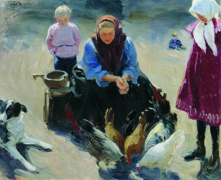 Иван Куликов. Кормление кур. 1907