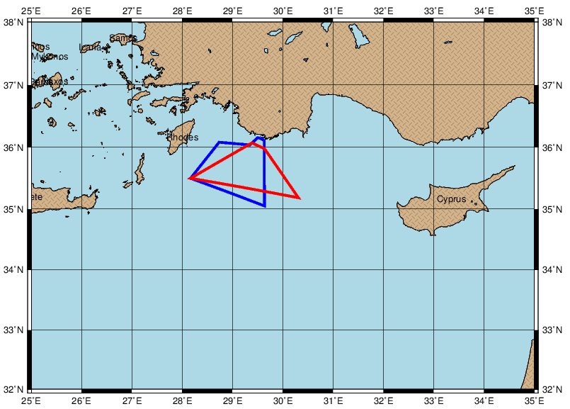 Районы объявленных греческих (синий) и турецких (красных) военных учений в Средиземном море