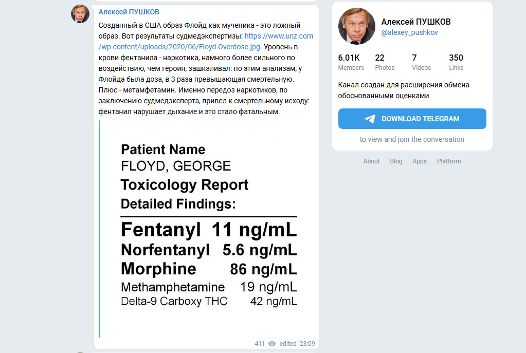 Скриншот страницы Алексея Пушкова в Telegram