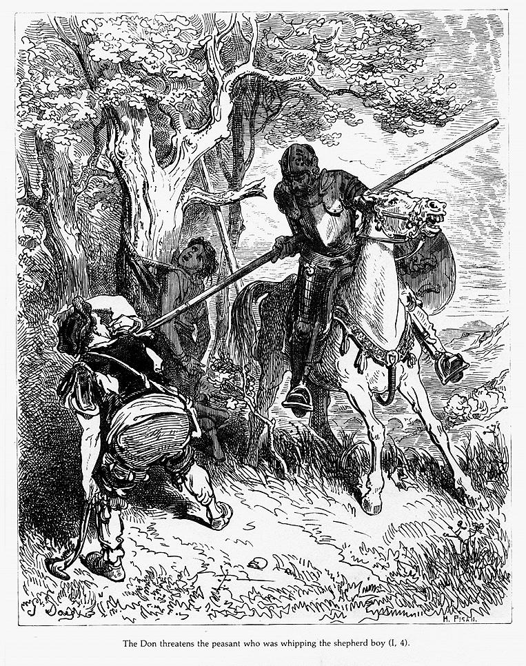 Гюстав Доре. Дон угрожает крестьянину, наказывающего пастушка. Иллюстрация к роману М. Сервантеса «Дон Кихот»