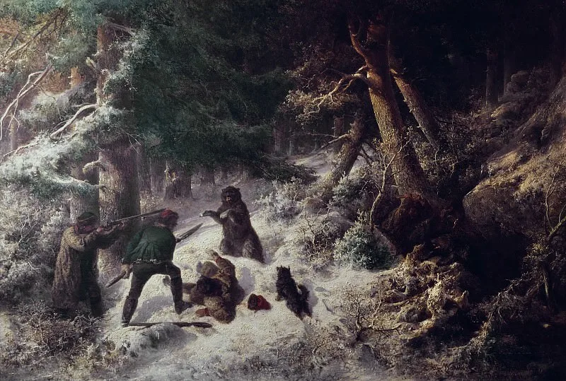 Альфред Уолберг. Зимняя охота на медведя. 1862
