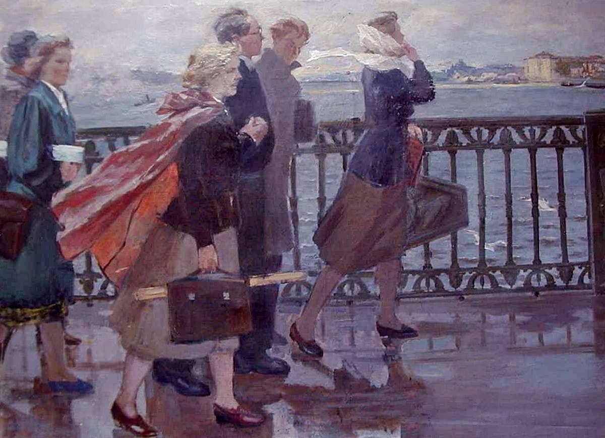 М. Натаревич. Студенты на мосту. 1957