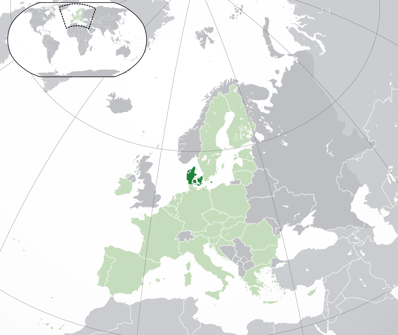 Расположение Дании (тёмно-зелёный) — в Европе (светло-зелёный и тёмно-серый) — в Европейском союзе (светло-зелёный)