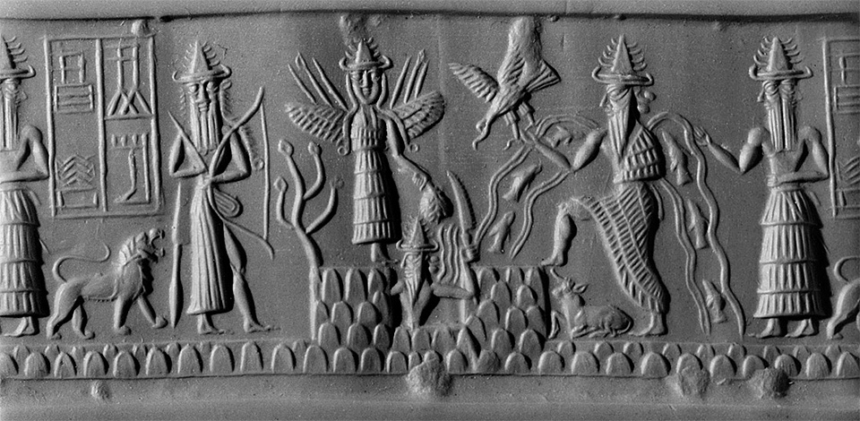 Отпечаток цилиндрической печати аккадского периода. Бог Эа изображен с потоками воды, в которых плавают рыбы. Примерно 2300 г. до н. э.