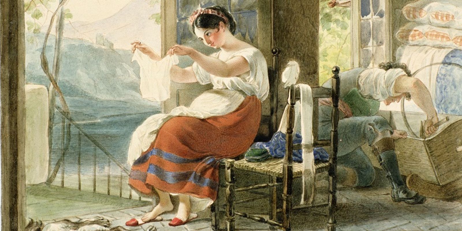 Карл Брюлло. Итальянка, ожидающая ребёнка, разглядывает рубашку, муж сколачивает колыбель. 1831