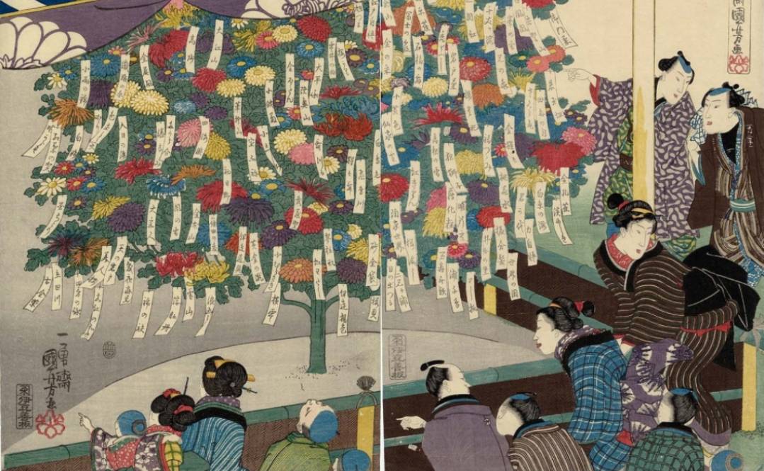 Утагава Куниёси. 100 сортов хризантем, привитые вместе (фрагмент). 1847
