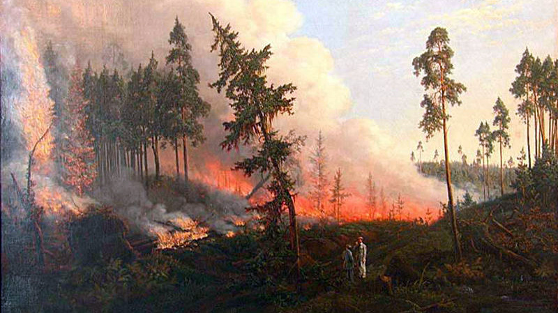 Викентий Дмоховский. Лесной пожар (фрагмент). 1860 год.