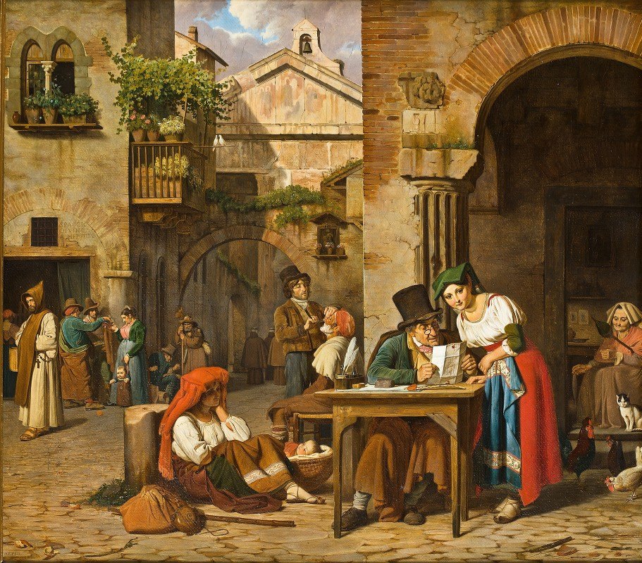 Эрнст Мейер. Римский уличный писец читает вслух письмо молодой девушке. 1829
