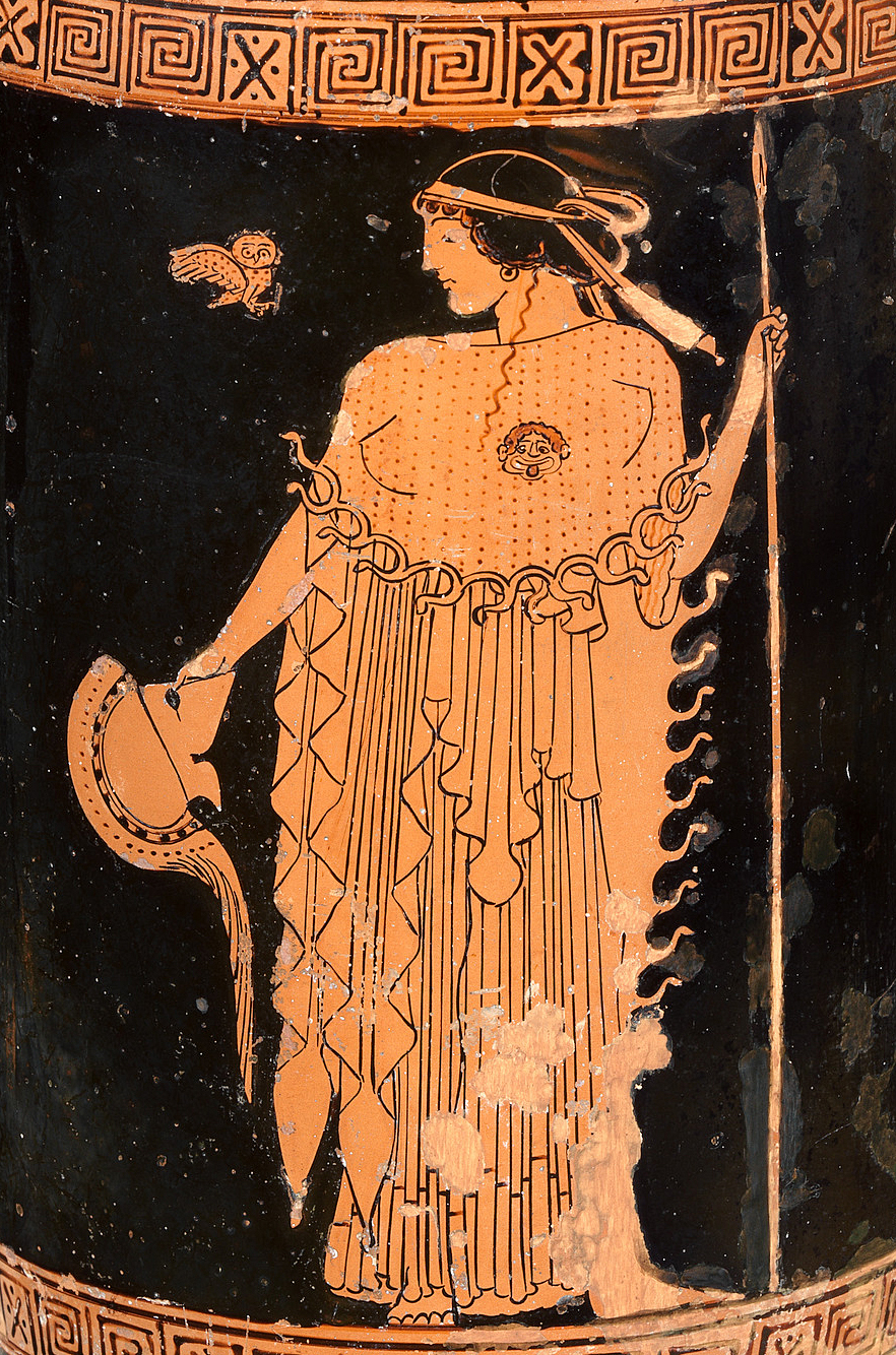 Афина с копьем, шлемом и совой. Краснофигурная вазопись. 490–480 гг.  до н. э.