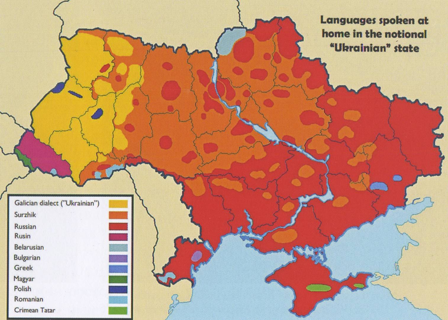 Лингвистическая карта Украины, основанная на данных Киевского национального лингвистического университета за 2009 год