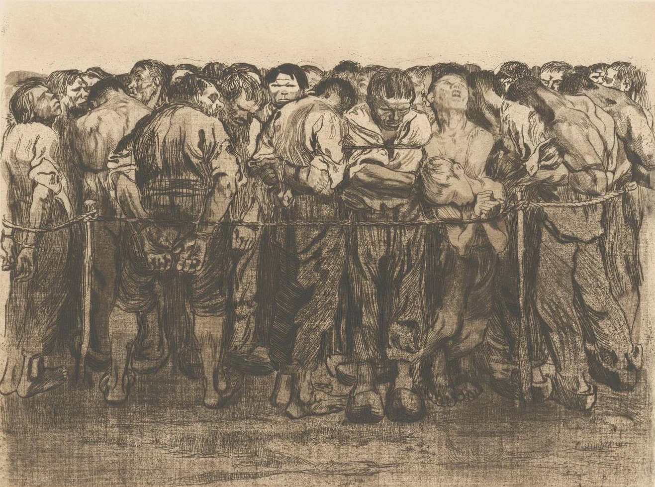 Кете Кольвиц. Заключённые. Офорт из цикла «Крестьянская война». 1908