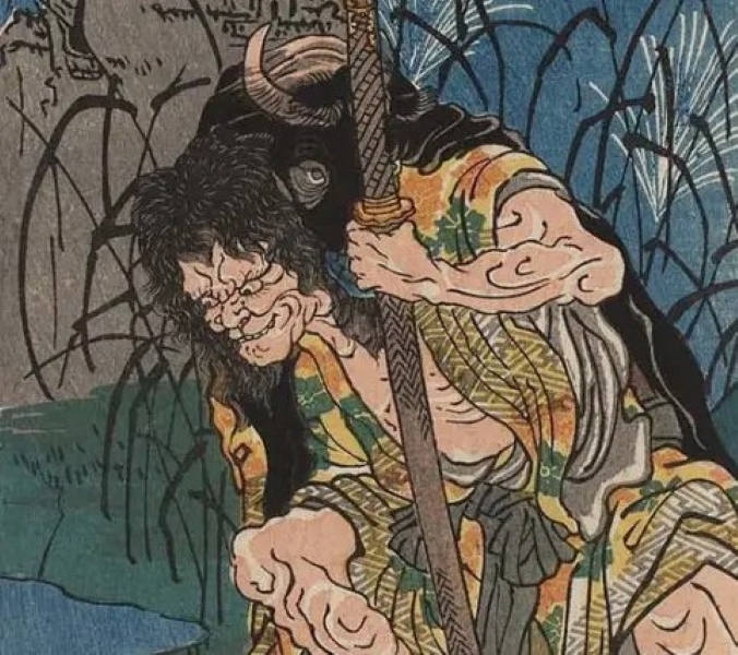 Утагава Куниёси. Тонг в шкуре быка глядит на свое отражение (фрагмент). 1840